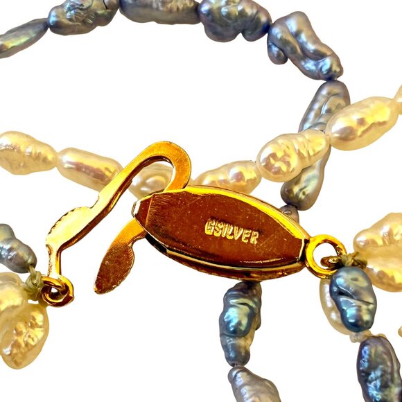 Vintage Fresh Water Pearl Necklace 3 Strands White & Blue Sterling Silver Clasp - Picture 5 of 10